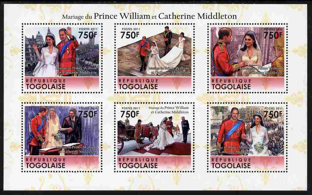 Togo 2011 Royal Wedding - William & Kate perf sheetlet containing 6 values unmounted mint, stamps on personalities, stamps on royalty, stamps on royal wedding, stamps on william, stamps on kate