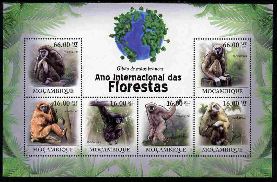 Mozambique 2011 International Year of the Forest - Monkeys perf sheetlet containing 6 values unmounted mint, stamps on animals, stamps on apes, stamps on monkeys
