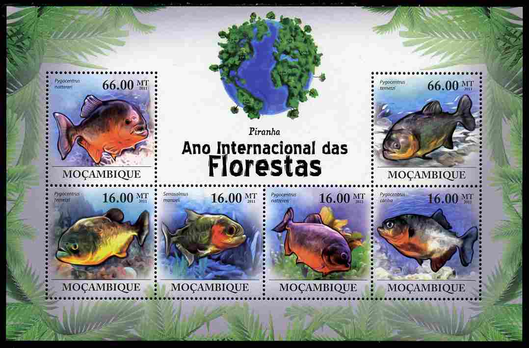 Mozambique 2011 International Year of the Forest - Piranhas perf sheetlet containing 6 values unmounted mint, stamps on fish, stamps on piranhas