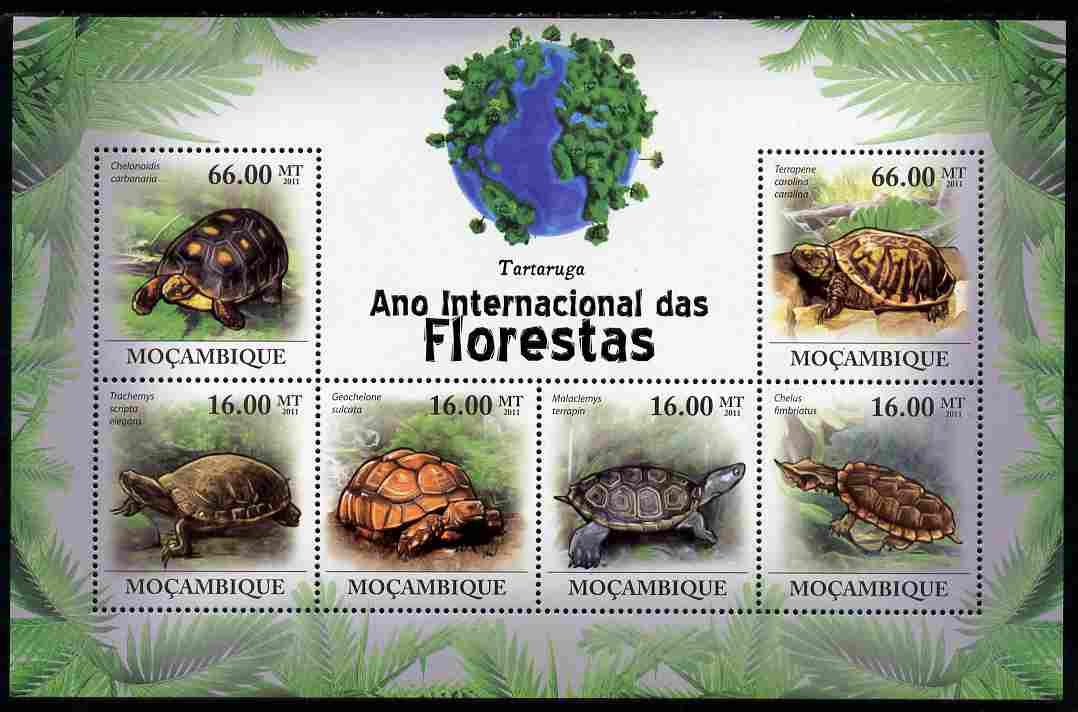 Mozambique 2011 International Year of the Forest - Turtles perf sheetlet containing 6 values unmounted mint, stamps on reptiles, stamps on turtles