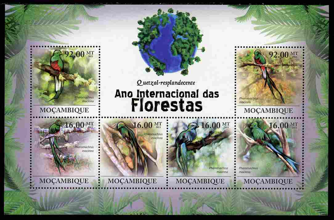 Mozambique 2011 International Year of the Forest - Resplendent Quetzal Birds perf sheetlet containing 6 values unmounted mint, stamps on birds, stamps on 