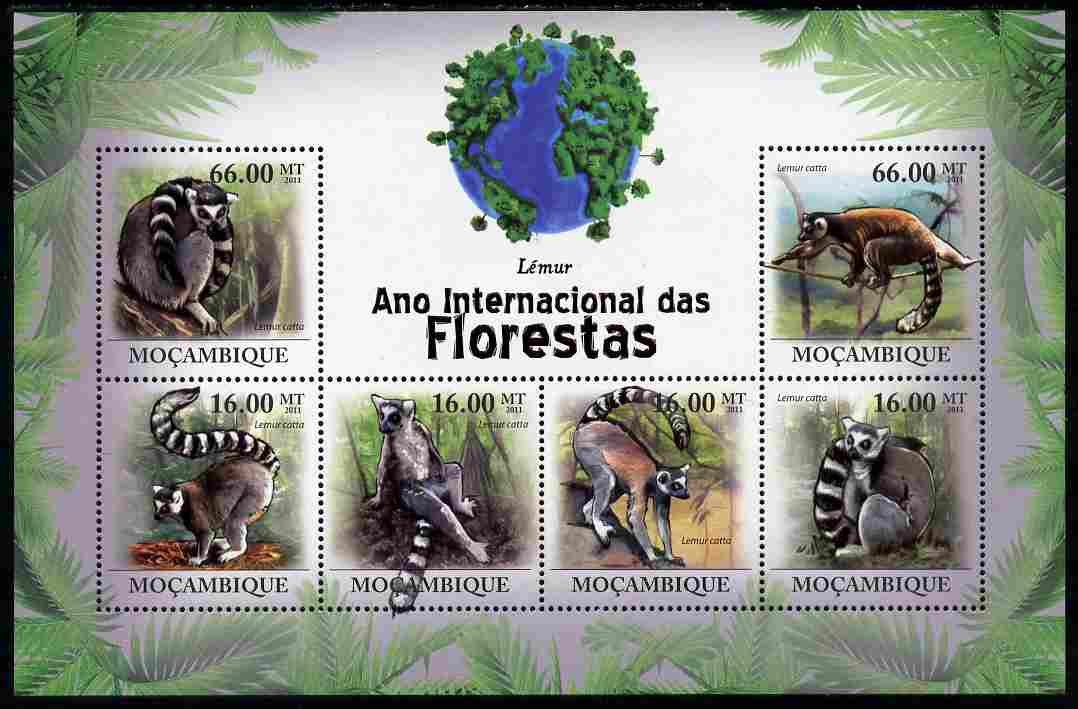 Mozambique 2011 International Year of the Forest - Lemurs perf sheetlet containing 6 values unmounted mint, stamps on animals, stamps on apes, stamps on lemurs