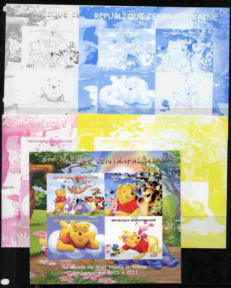 Central African Republic 2011 Winnie the Pooh sheetlet containing 4 values - the set of 5 imperf progressive proofs comprising the 4 individual colours plus all 4-colour ..., stamps on disney, stamps on films, stamps on cinema, stamps on movies, stamps on bears, stamps on fairy tales
