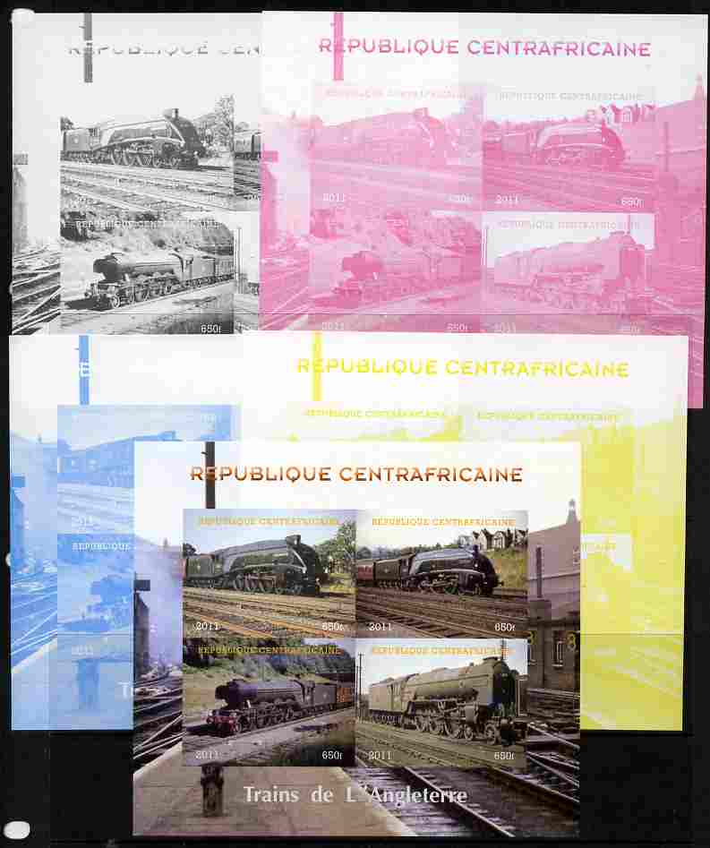 Central African Republic 2011 Railways - Trains of England sheetlet containing 4 values - the set of 5 imperf progressive proofs comprising the 4 individual colours plus ..., stamps on railways, stamps on 