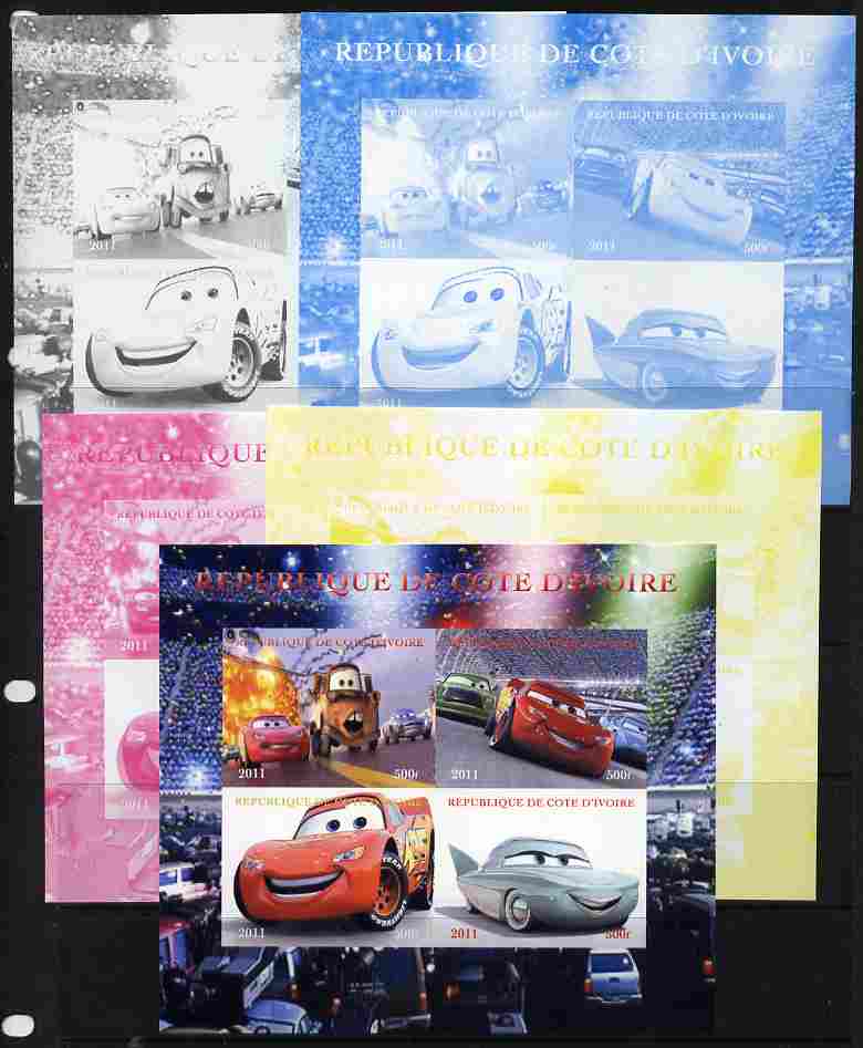 Ivory Coast 2011 Cars 2 sheetlet containing 4 values - the set of 5 imperf progressive proofs comprising the 4 individual colours plus all 4-colour composite, unmounted mint , stamps on , stamps on  stamps on disney, stamps on  stamps on films, stamps on  stamps on cinema, stamps on  stamps on movies, stamps on  stamps on cartoons, stamps on  stamps on cars