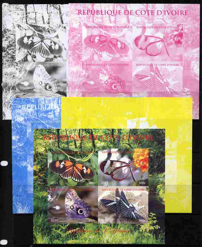Ivory Coast 2011 Butterflies of Africa sheetlet containing 4 values - the set of 5 imperf progressive proofs comprising the 4 individual colours plus all 4-colour composi..., stamps on butterflies
