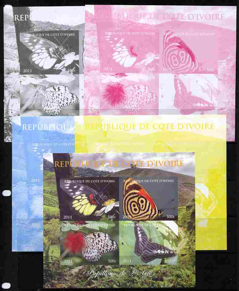 Ivory Coast 2011 Butterflies of Asia sheetlet containing 4 values - the set of 5 imperf progressive proofs comprising the 4 individual colours plus all 4-colour composite, unmounted mint , stamps on butterflies