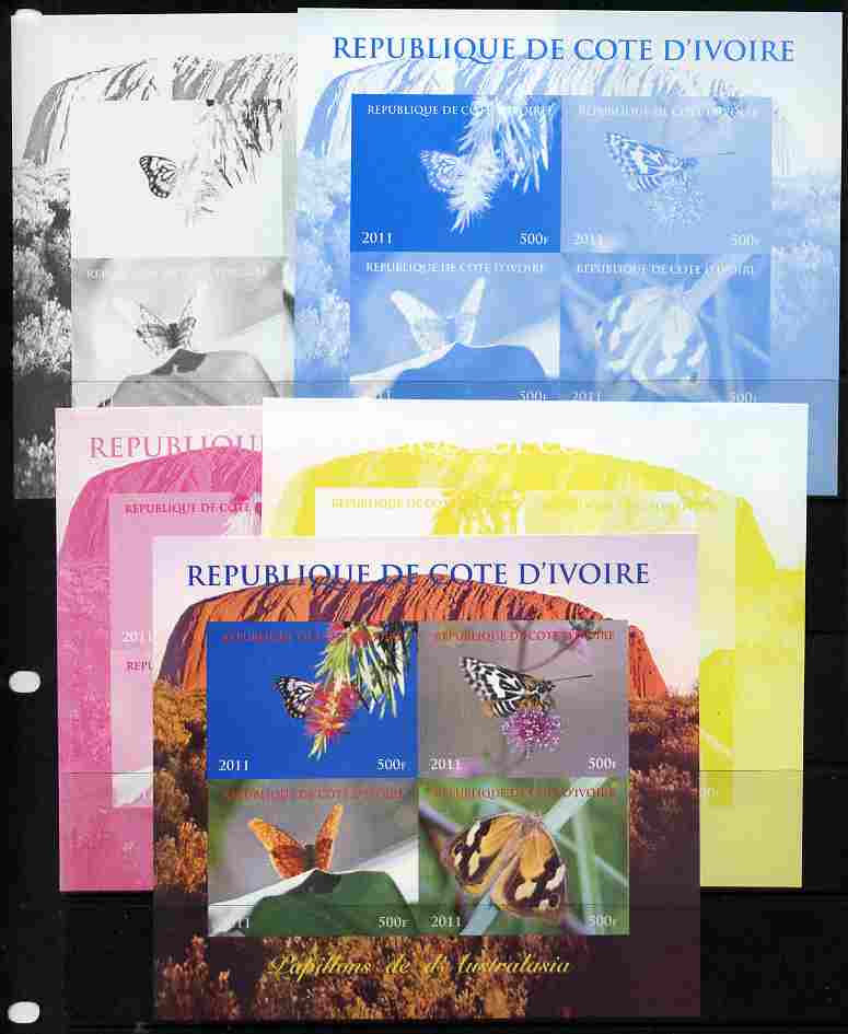 Ivory Coast 2011 Butterflies of Australasia sheetlet containing 4 values - the set of 5 imperf progressive proofs comprising the 4 individual colours plus all 4-colour co..., stamps on butterflies
