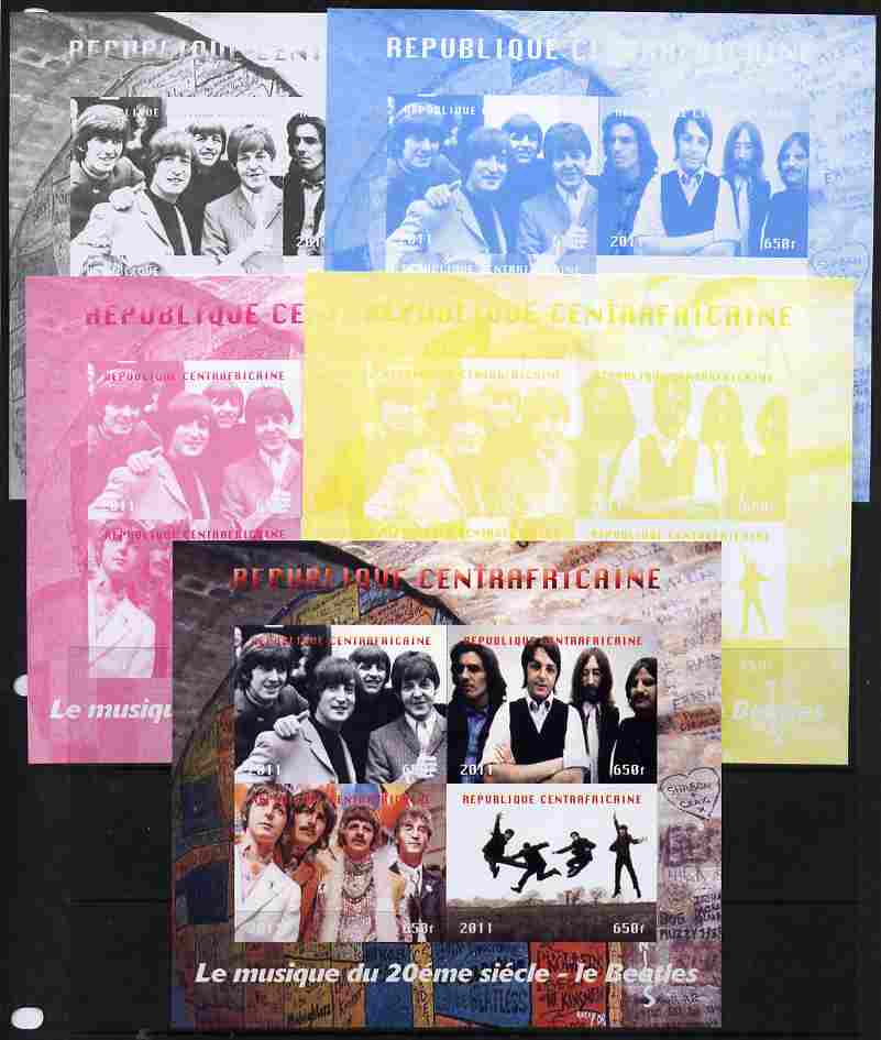 Central African Republic 2011 The Beatles #1 sheetlet containing 4 values - the set of 5 imperf progressive proofs comprising the 4 individual colours plus all 4-colour c..., stamps on personalities, stamps on beatles, stamps on pops, stamps on music, stamps on rock