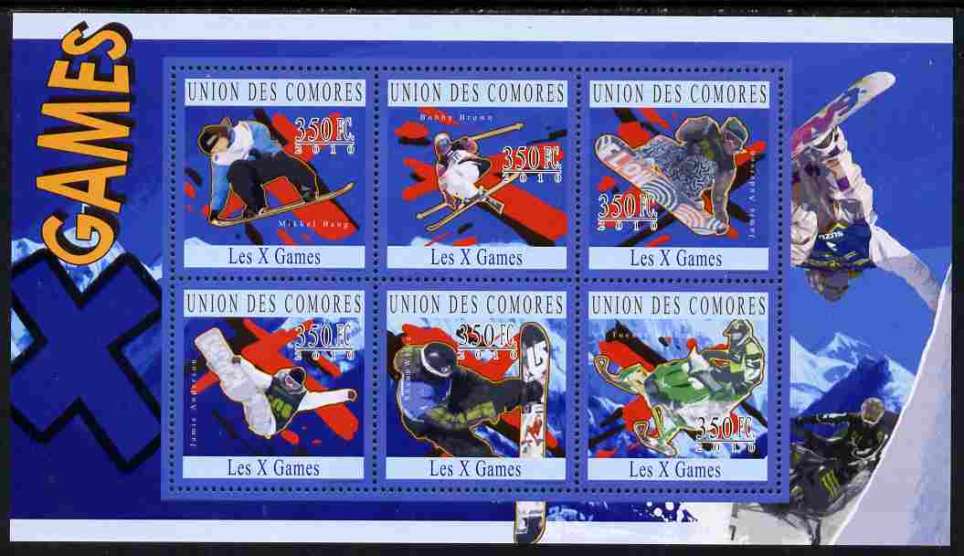 Comoro Islands 2010 X-Treme Sports perf sheetlet containing 6 values unmounted mint, stamps on sport, stamps on snowboard
