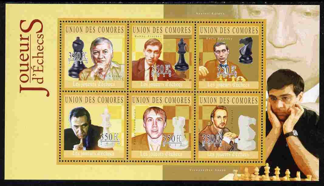 Comoro Islands 2010 Chess Players perf sheetlet containing 6 values unmounted mint, stamps on sport, stamps on personalities, stamps on chess