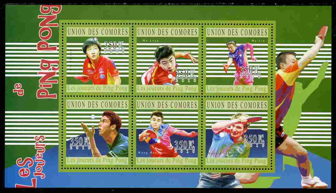 Comoro Islands 2010 Table Tennis perf sheetlet containing 6 values unmounted mint, stamps on sport, stamps on table tennis