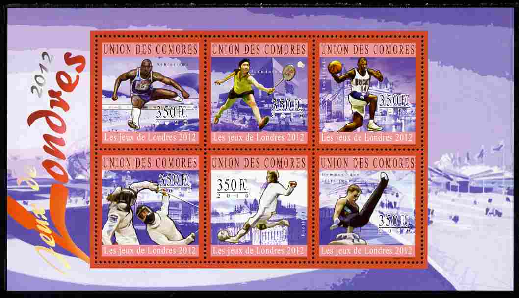 Comoro Islands 2010 London Olympic Games perf sheetlet containing 6 values unmounted mint, stamps on sport, stamps on olympics, stamps on london, stamps on hurdles, stamps on badminton, stamps on fencing, stamps on football, stamps on  gym , stamps on gymnastics, stamps on basketball