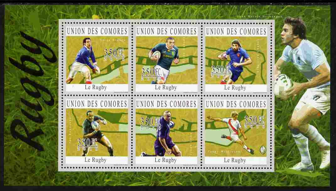 Comoro Islands 2010 Rugby perf sheetlet containing 6 values unmounted mint, stamps on sport, stamps on rugby