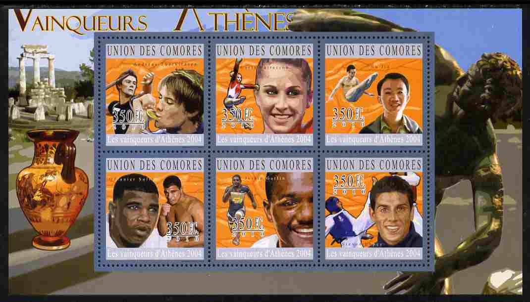 Comoro Islands 2010 Athens Olympic Winners perf sheetlet containing 6 values unmounted mint, stamps on sport, stamps on olympics, stamps on running, stamps on athletics, stamps on boxing, stamps on  gym , stamps on gymnastics, stamps on javelin, stamps on taekwondo, stamps on martial arts