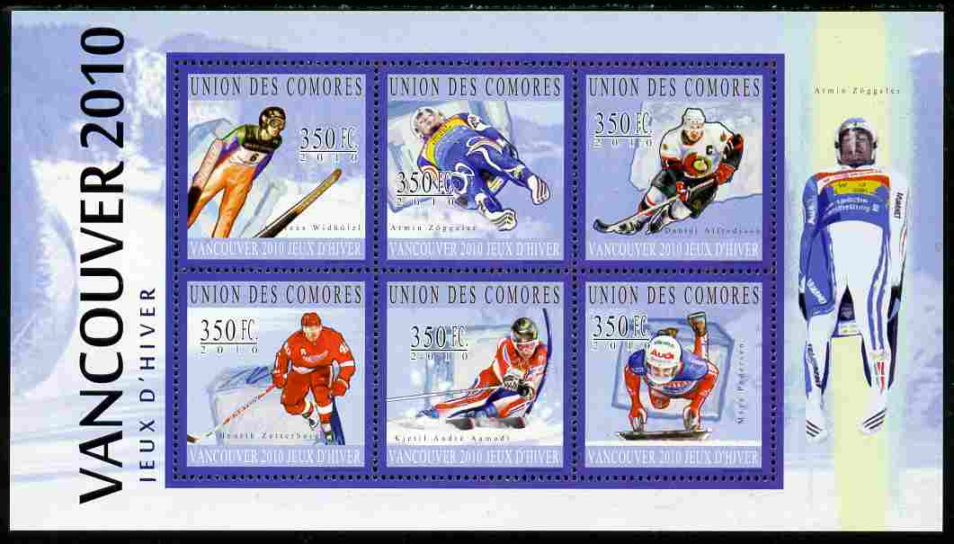 Comoro Islands 2010 Vancouver Winter Olympics perf sheetlet containing 6 values unmounted mint, stamps on sport, stamps on olympics, stamps on skiing, stamps on ice hockey, stamps on bob sled