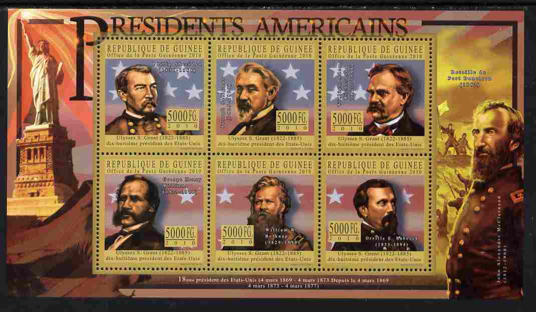 Guinea - Conakry 2010-11 Presidents of the USA #18 - Ulysses S Grant perf sheetlet containing 6 values unmounted mint Michel 8018-23, stamps on americana, stamps on usa presidents, stamps on constitutions, stamps on statue of liberty, stamps on militaria