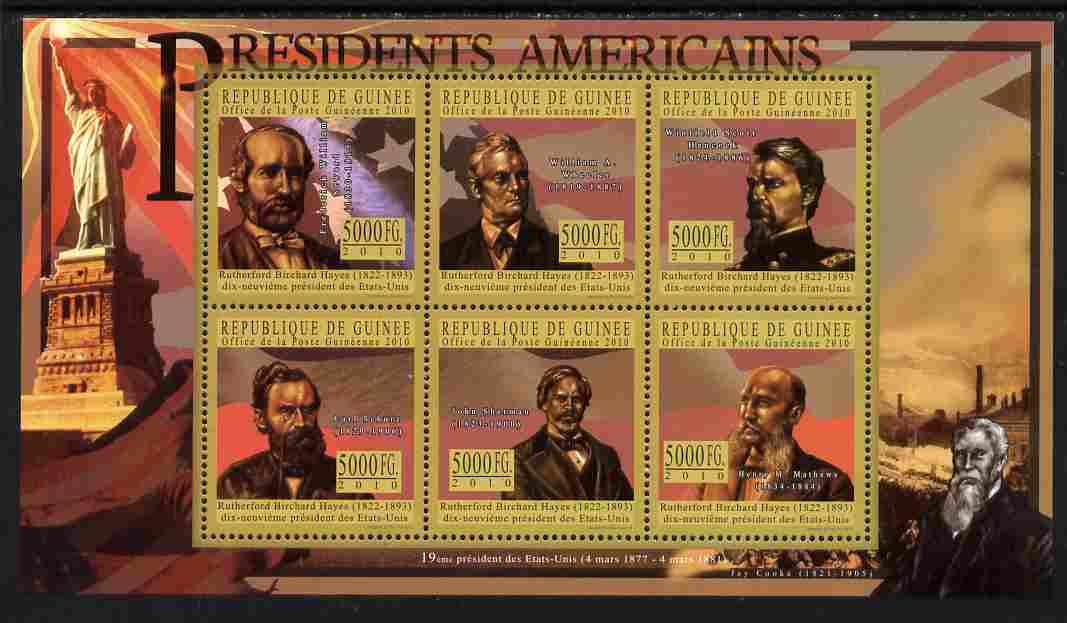 Guinea - Conakry 2010-11 Presidents of the USA #19 - Rutherford B Hayes perf sheetlet containing 6 values unmounted mint Michel 8024-29, stamps on americana, stamps on usa presidents, stamps on constitutions, stamps on statue of liberty, stamps on 