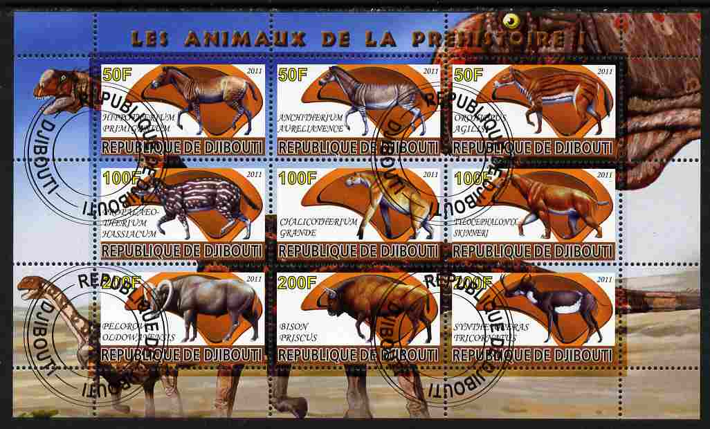 Djibouti 2011 Prehistoric Animals #1 perf sheetlet containing 9 values fine cto used, stamps on dinosaurs