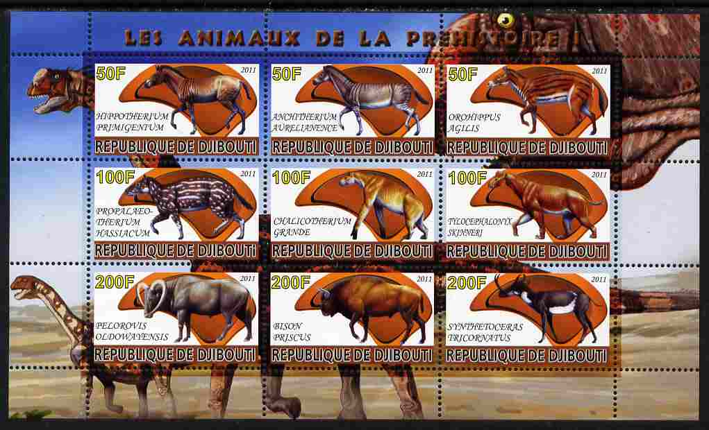 Djibouti 2011 Prehistoric Animals #1 perf sheetlet containing 9 values unmounted mint , stamps on dinosaurs