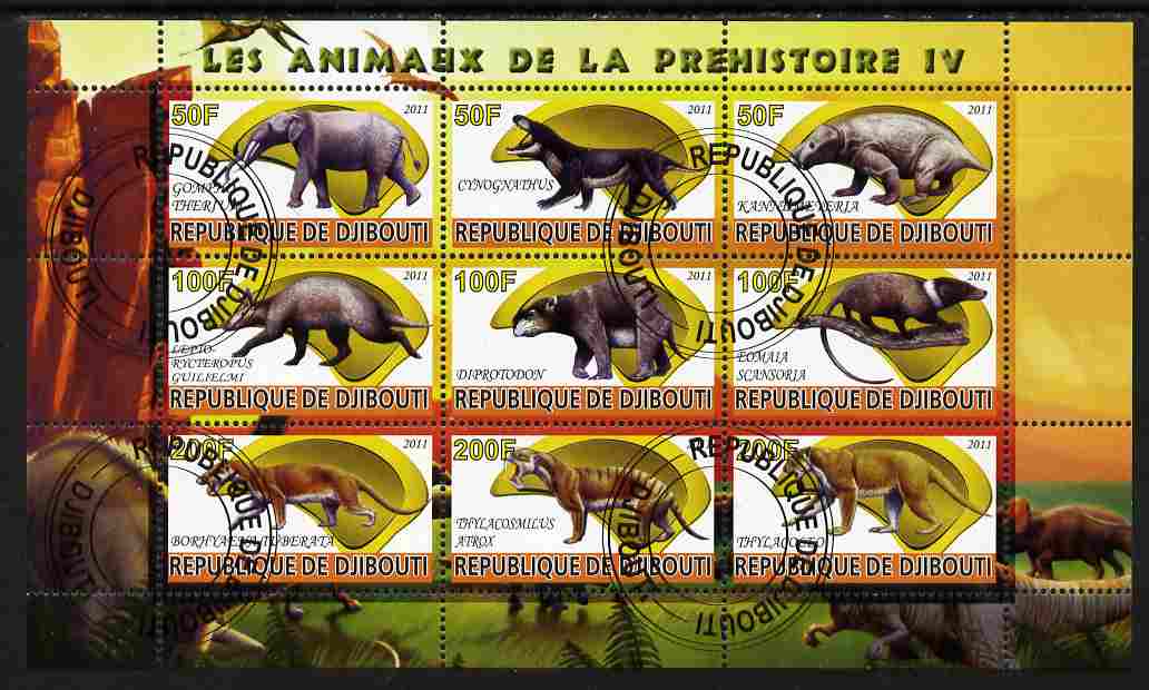 Djibouti 2011 Prehistoric Animals #4 perf sheetlet containing 9 values fine cto used, stamps on dinosaurs