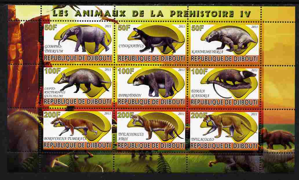Djibouti 2011 Prehistoric Animals #4 perf sheetlet containing 9 values unmounted mint , stamps on dinosaurs