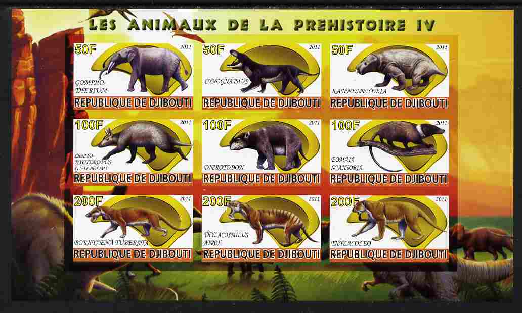 Djibouti 2011 Prehistoric Animals #4 imperf sheetlet containing 9 values unmounted mint , stamps on dinosaurs