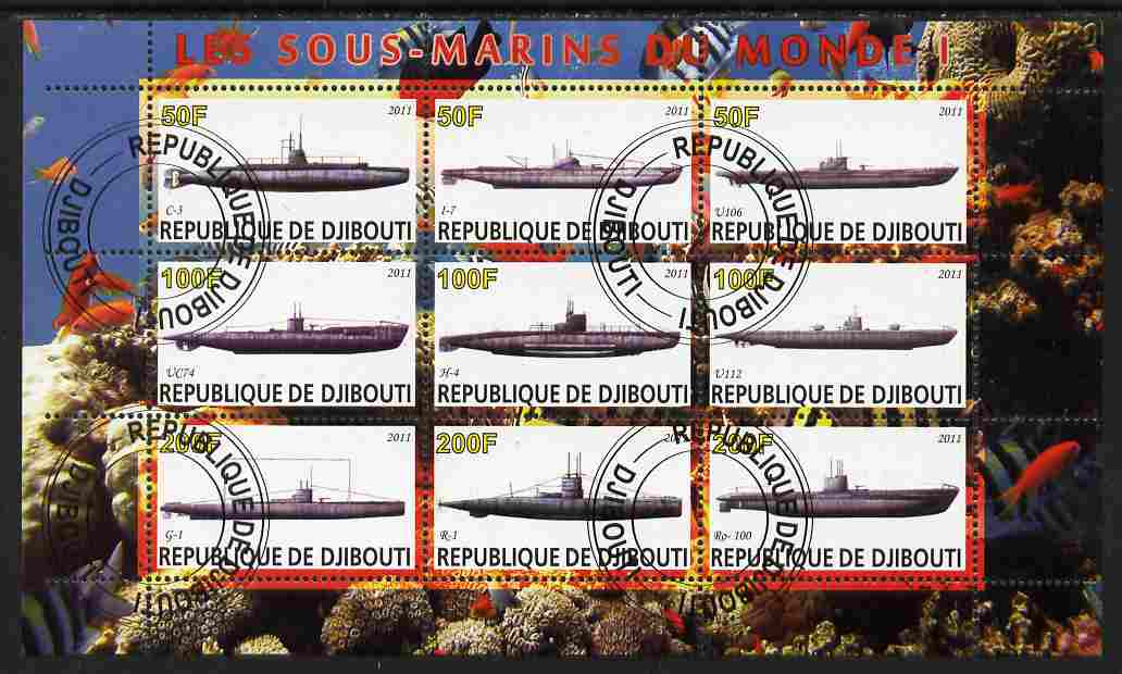 Djibouti 2011 Submarines #1 perf sheetlet containing 9 values fine cto used, stamps on , stamps on  stamps on ships, stamps on  stamps on submarines