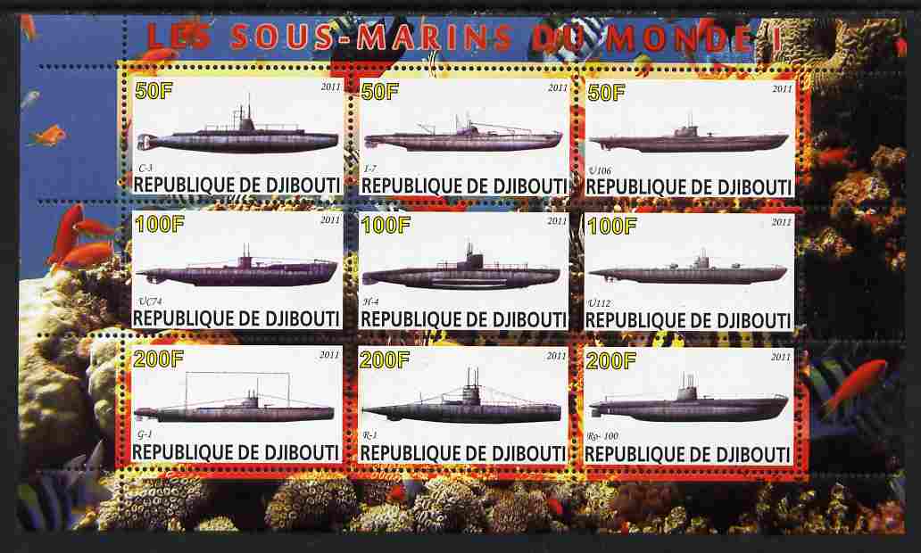 Djibouti 2011 Submarines #1 perf sheetlet containing 9 values unmounted mint , stamps on ships, stamps on submarines