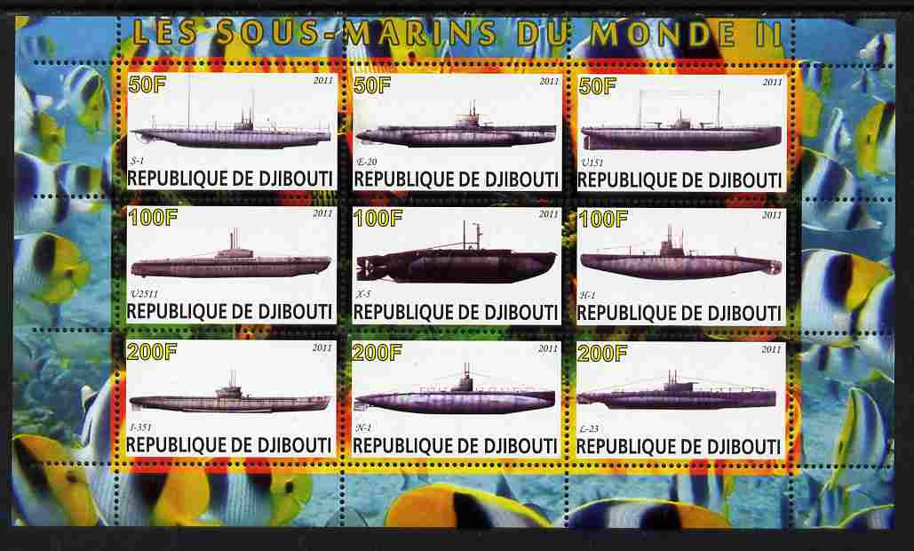 Djibouti 2011 Submarines #2 perf sheetlet containing 9 values unmounted mint , stamps on ships, stamps on submarines