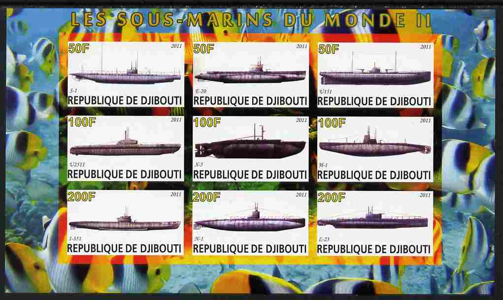 Djibouti 2011 Submarines #2 imperf sheetlet containing 9 values unmounted mint , stamps on ships, stamps on submarines