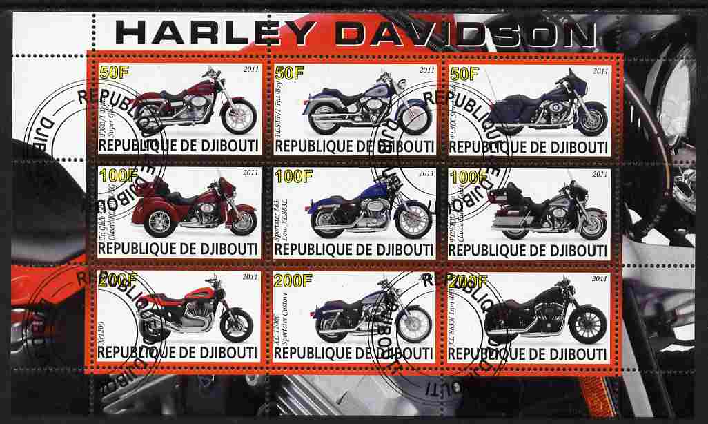 Djibouti 2011 Harley Davidson Motorcycles perf sheetlet containing 9 values fine cto used, stamps on motorbikes