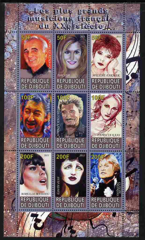 Djibouti 2011 French Music Stars perf sheetlet containing 9 values unmounted mint , stamps on personalities, stamps on music, stamps on rock