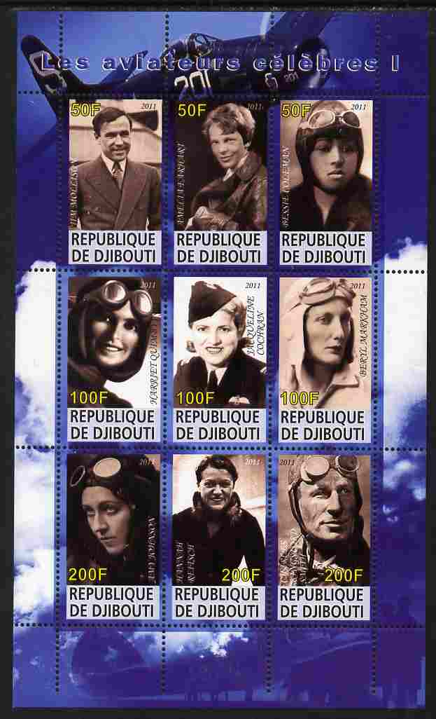 Djibouti 2011 Famous Aviators #1 perf sheetlet containing 9 values unmounted mint , stamps on personalities, stamps on aviation