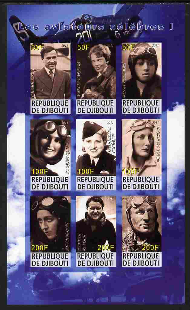 Djibouti 2011 Famous Aviators #1 imperf sheetlet containing 9 values unmounted mint , stamps on personalities, stamps on aviation