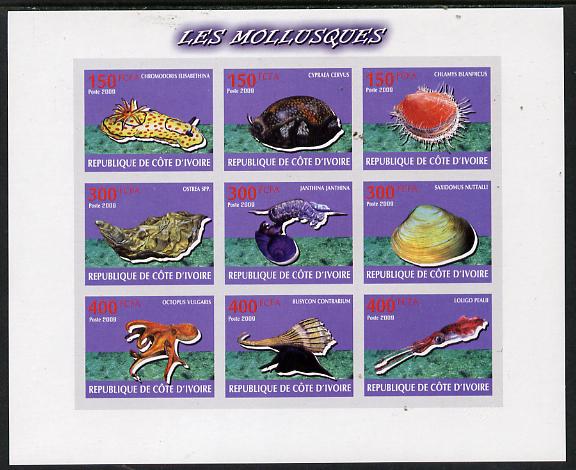 Ivory Coast 2009 Shells imperf sheetlet containing 9 values unmounted mint, stamps on , stamps on  stamps on marine life, stamps on  stamps on shells