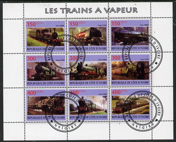 Ivory Coast 2009 Steam Locos perf sheetlet containing 9 values fine cto used, stamps on railways