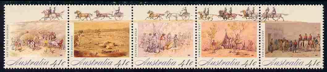 Australia 1990 Colonial Development (2nd issue), Gold Fever se-tenant strip of 5 unmounted mint, SG 1254a, stamps on mining, stamps on minerals, stamps on gold, stamps on horses