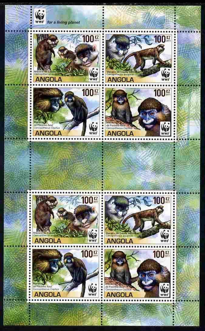 Angola 2011 WWF - Endangered Monkeys perf sheetlet containing 8 values (2 sets of 4) unmounted mint , stamps on animals, stamps on  wwf , stamps on apes, stamps on monkeys