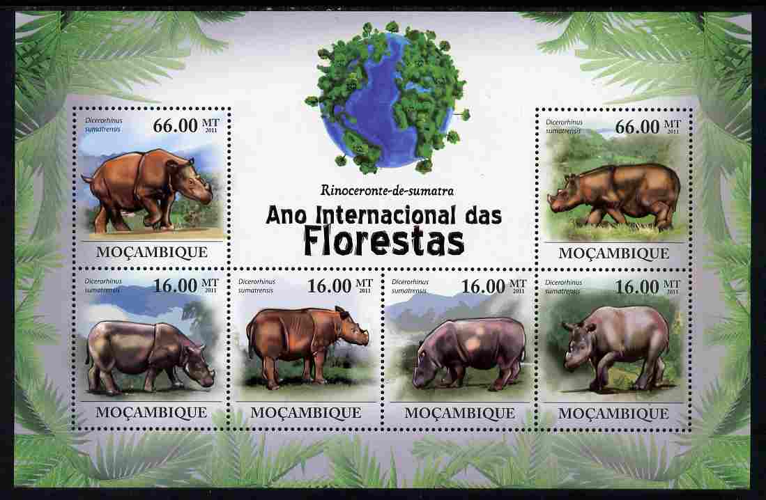 Mozambique 2011 International Year of the Forest - Rhinoceros perf sheetlet containing 6 values unmounted mint, Michel 4385-90, stamps on trees, stamps on animals, stamps on rhinos