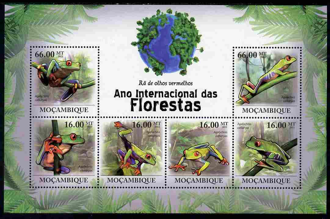 Mozambique 2011 International Year of the Forest - Red-eyed Tree Frog perf sheetlet containing 6 values unmounted mint, Michel 4294-99, stamps on trees, stamps on animals, stamps on frogs