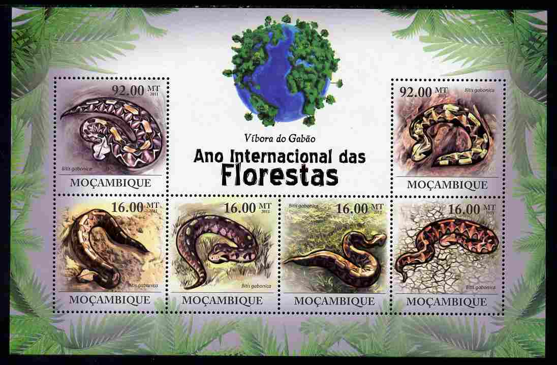 Mozambique 2011 International Year of the Forest - Snakes perf sheetlet containing 6 values unmounted mint, Michel 4328-33, stamps on trees, stamps on animals, stamps on reptiles, stamps on snakes
