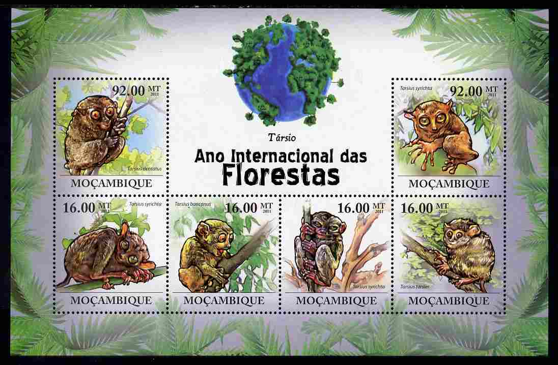 Mozambique 2011 International Year of the Forest - Tarsiers perf sheetlet containing 6 values unmounted mint, Michel 4439-44, stamps on , stamps on  stamps on trees, stamps on  stamps on animals, stamps on  stamps on apes, stamps on  stamps on monkeys