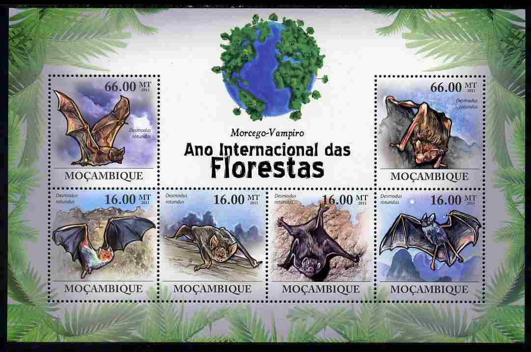Mozambique 2011 International Year of the Forest - Vampire Bats perf sheetlet containing 6 values unmounted mint, Michel 4391-96, stamps on trees, stamps on animals, stamps on mammals, stamps on bats