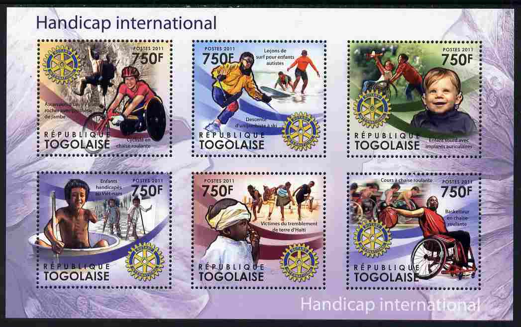 Togo 2011 Handicap International perf sheetlet containing 6 values each with Rotary Logo unmounted mint, stamps on disabled, stamps on sport, stamps on basketball, stamps on rotary