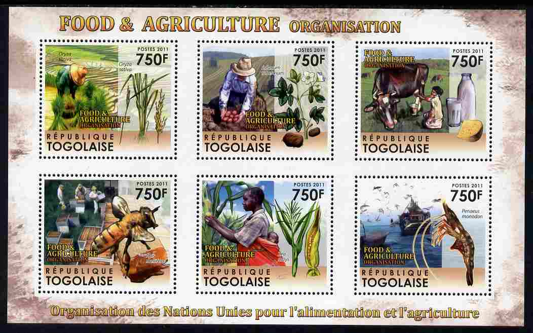 Togo 2011 Food & Agriculture perf sheetlet containing 6 values unmounted mint, stamps on food, stamps on agriculture, stamps on cattle, stamps on bovine, stamps on bees, stamps on honey, stamps on fishing, stamps on prawns, stamps on ships