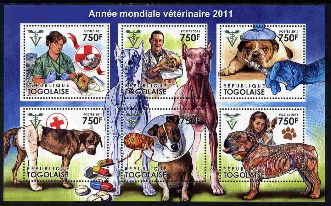 Togo 2011 World Veterinary Year perf sheetlet containing 6 values unmounted mint, stamps on animals, stamps on vets, stamps on dogs