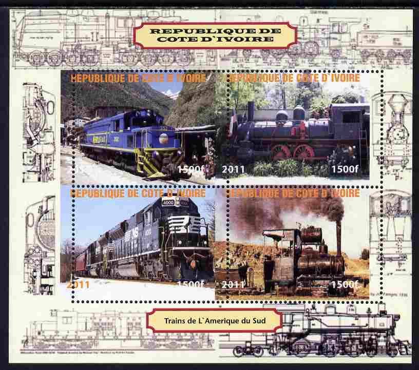 Ivory Coast 2011 Railways - Trains of South America perf sheetlet containing 4 values unmounted mint. Note this item is privately produced and is offered purely on its thematic appeal, it has no postal validity, stamps on , stamps on  stamps on railways