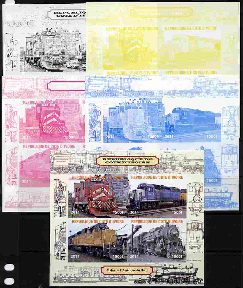 Ivory Coast 2011 Railways - Trains of North America sheetlet containing 4 values - the set of 5 imperf progressive proofs comprising the 4 individual colours plus all 4-colour composite, unmounted mint , stamps on railways