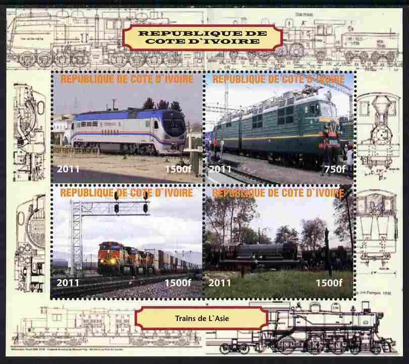 Ivory Coast 2011 Railways - Trains of Asia perf sheetlet containing 4 values unmounted mint. Note this item is privately produced and is offered purely on its thematic appeal, stamps on railways